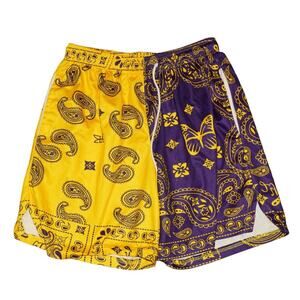 Lakers Colors Bandana Split Shorts Purple & Yellow Paisley Butterfly Streetwear